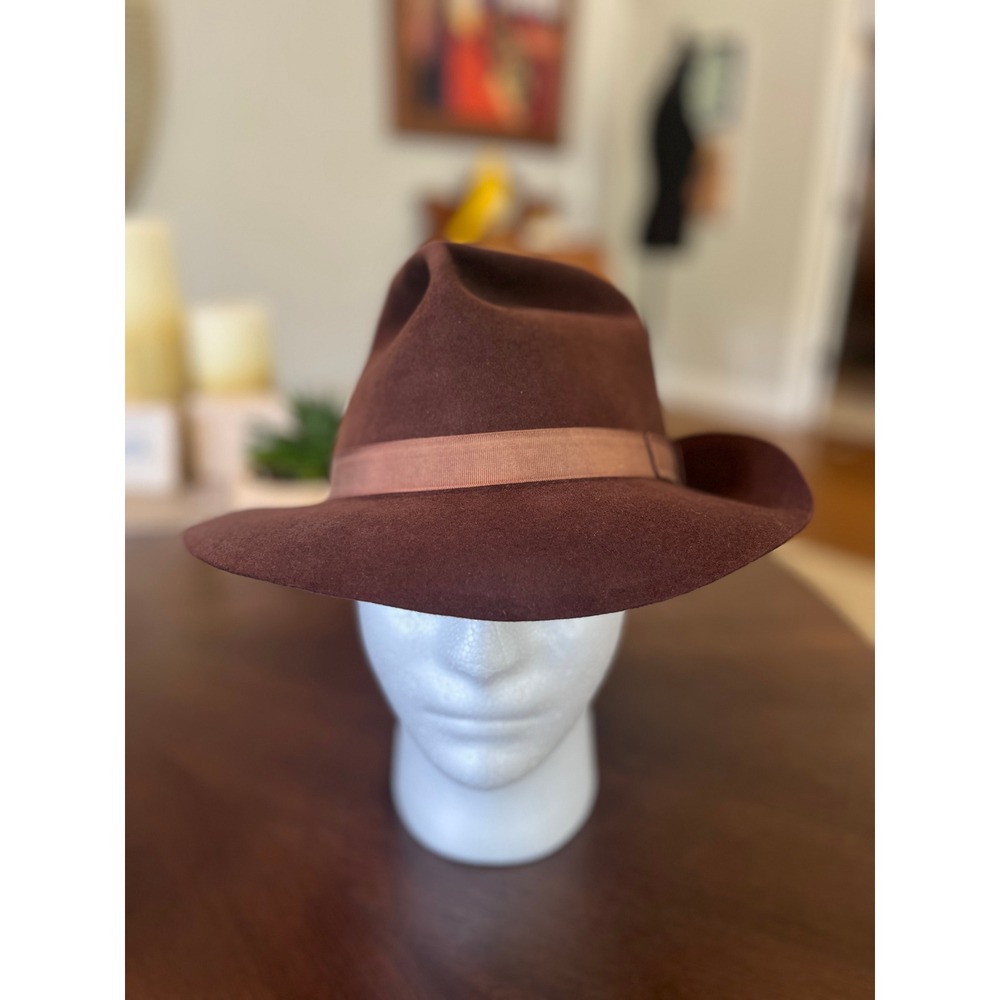 Vintage Chocolate Brown Wool Felt Fedora Hat Mens Lge Wide Brim Ribbon Band Cap